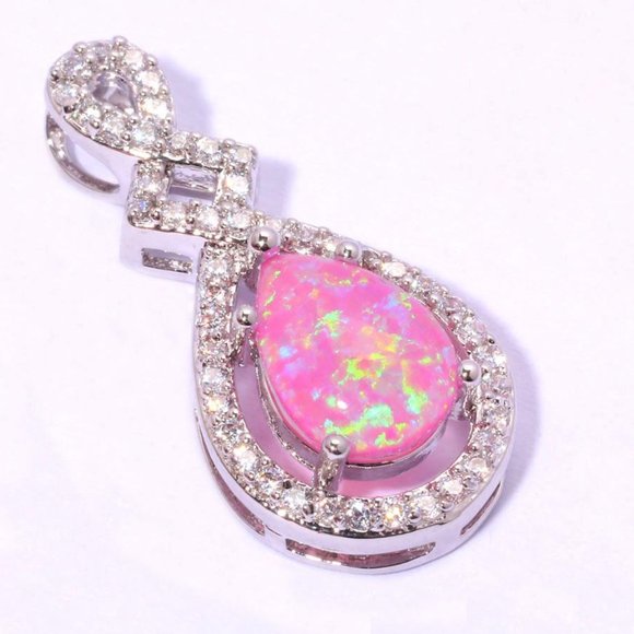 New - Pink Fire Opal With White Topaz Silver Pendant - Includes a Chain - Picture 1 of 1